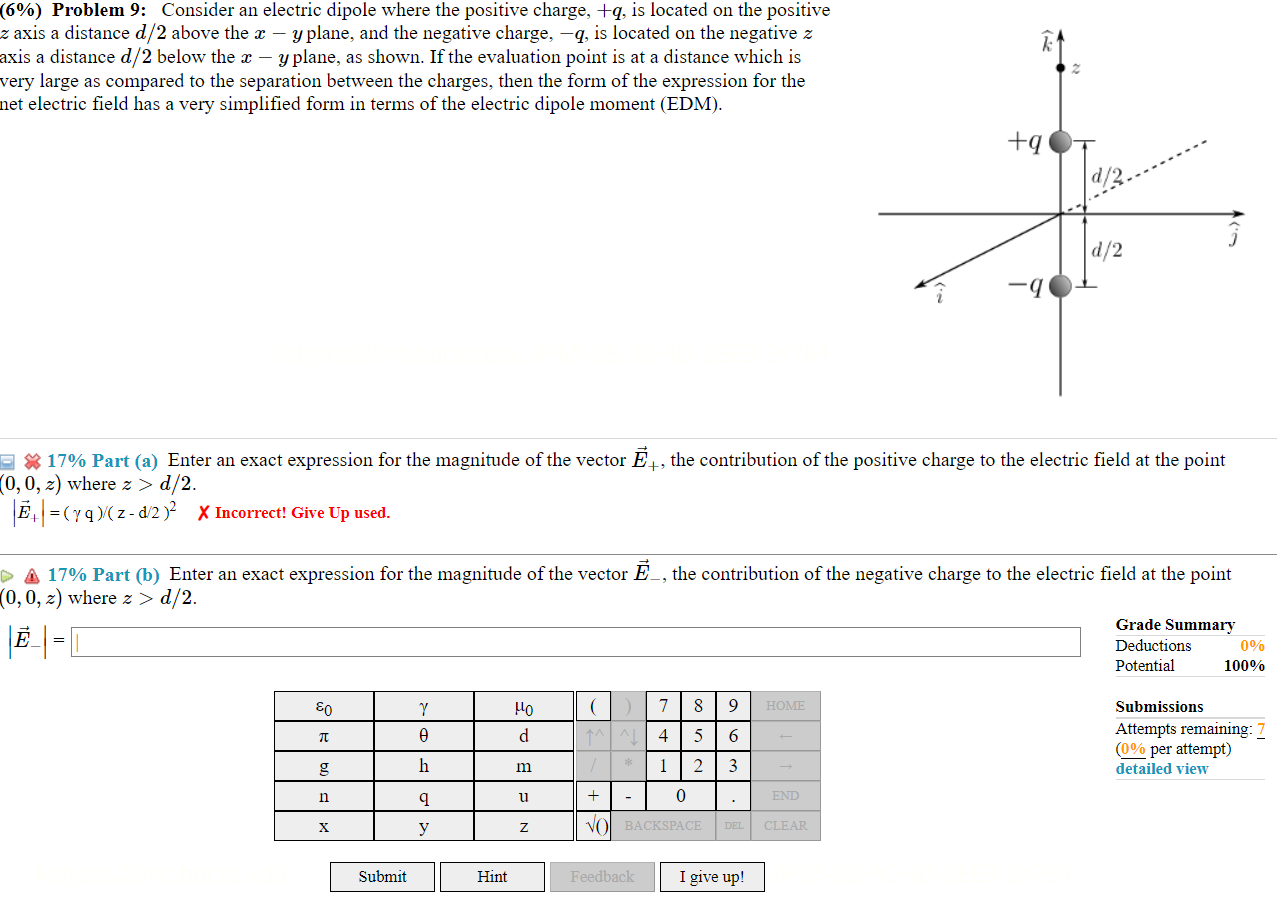 Solved (6%) Problem 9: Consider an electric dipole where the | Chegg.com