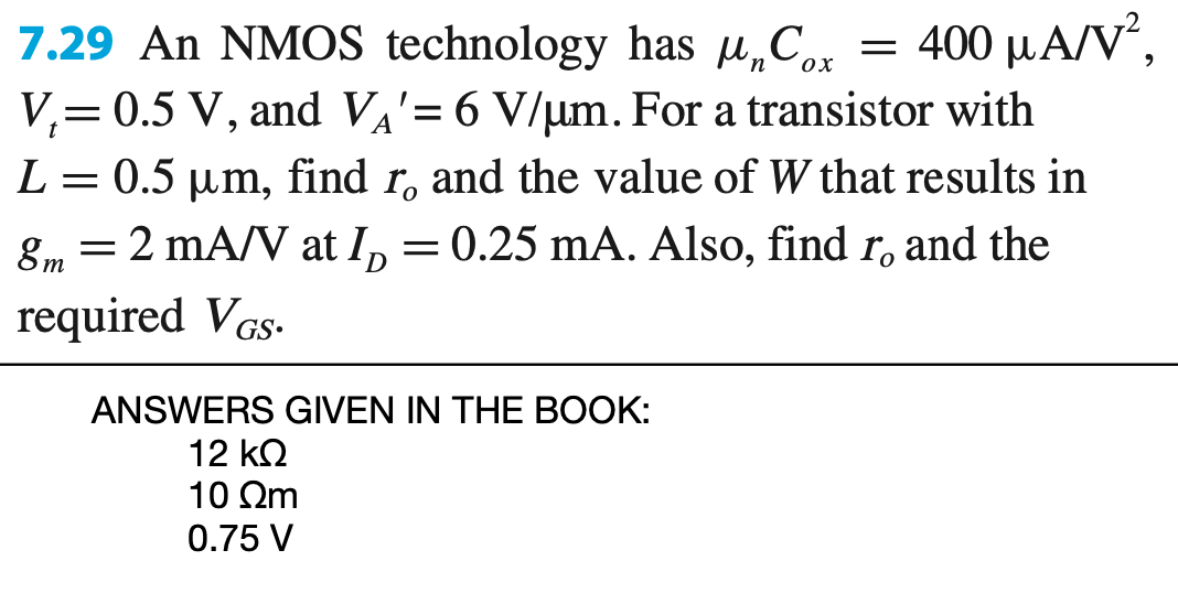 Solved 7 29 An Nmos Technology Has Jcox 400 U A V V 0 Chegg Com