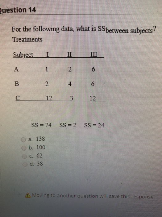 Ss Between Solved uestion 14 For the following data, what is SSbetween | Chegg.com