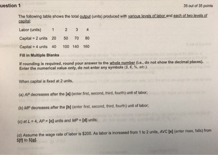 Solved uestion 1 35 out of 35 points The following table | Chegg.com