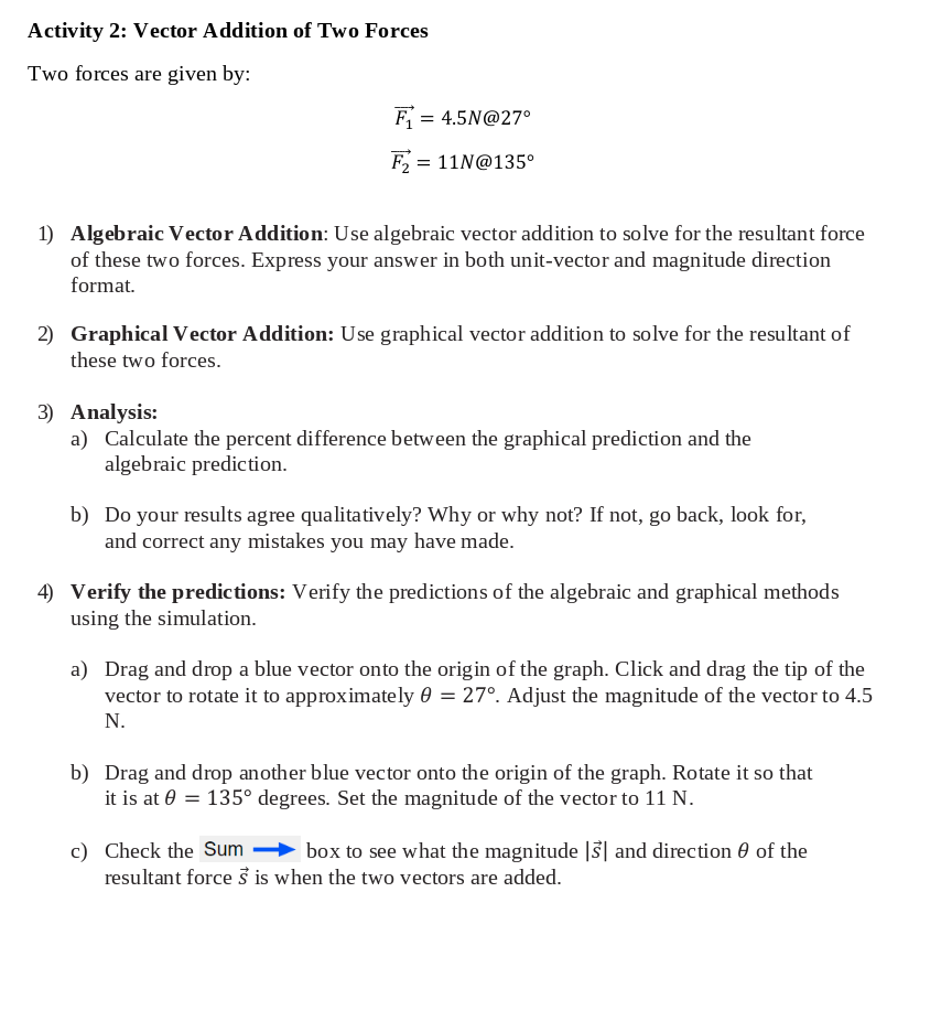 Solved Activity 2: Vector Addition of Two Forces Two forces | Chegg.com
