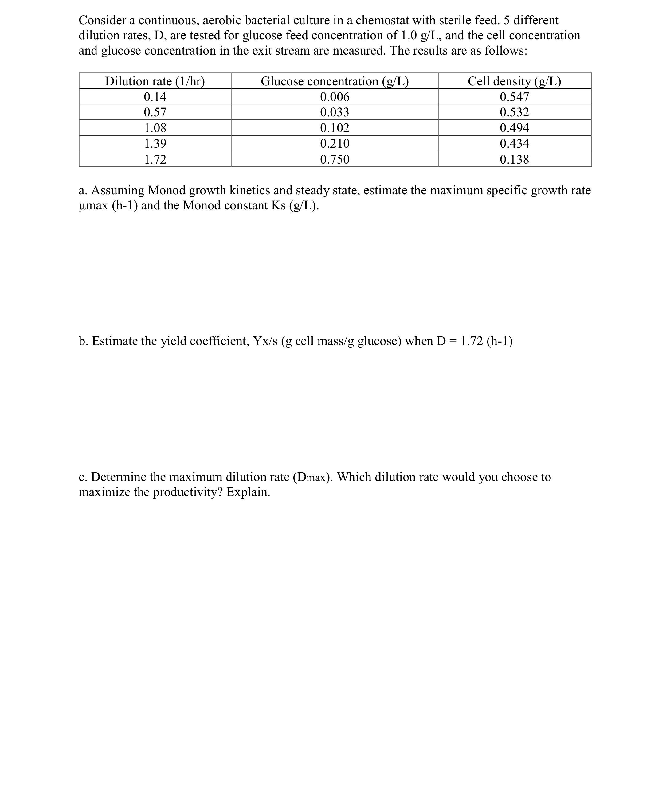 Solved Consider a continuous, aerobic bacterial culture in a