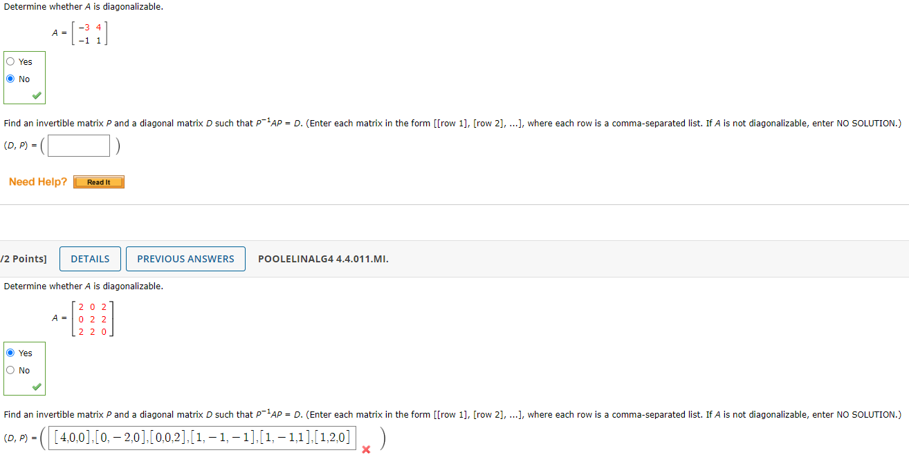 Solved Determine whether A is diagonalizable. A=[−3−141] | Chegg.com
