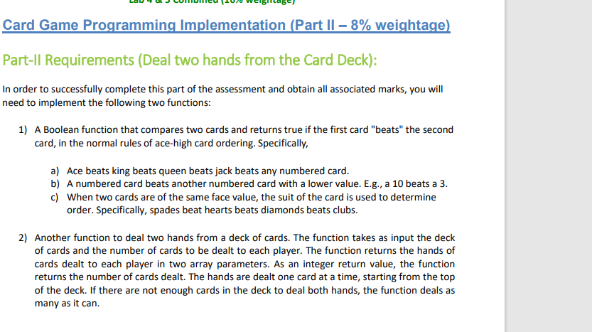 Solved Card Game Programming Implementation (Part I – 8% | Chegg.com