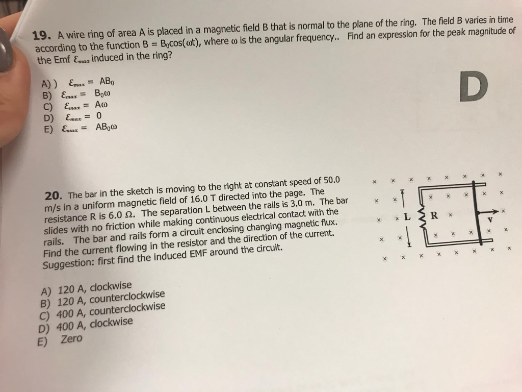 Solved 19. A wire ring of area A is placed in a magnetic | Chegg.com