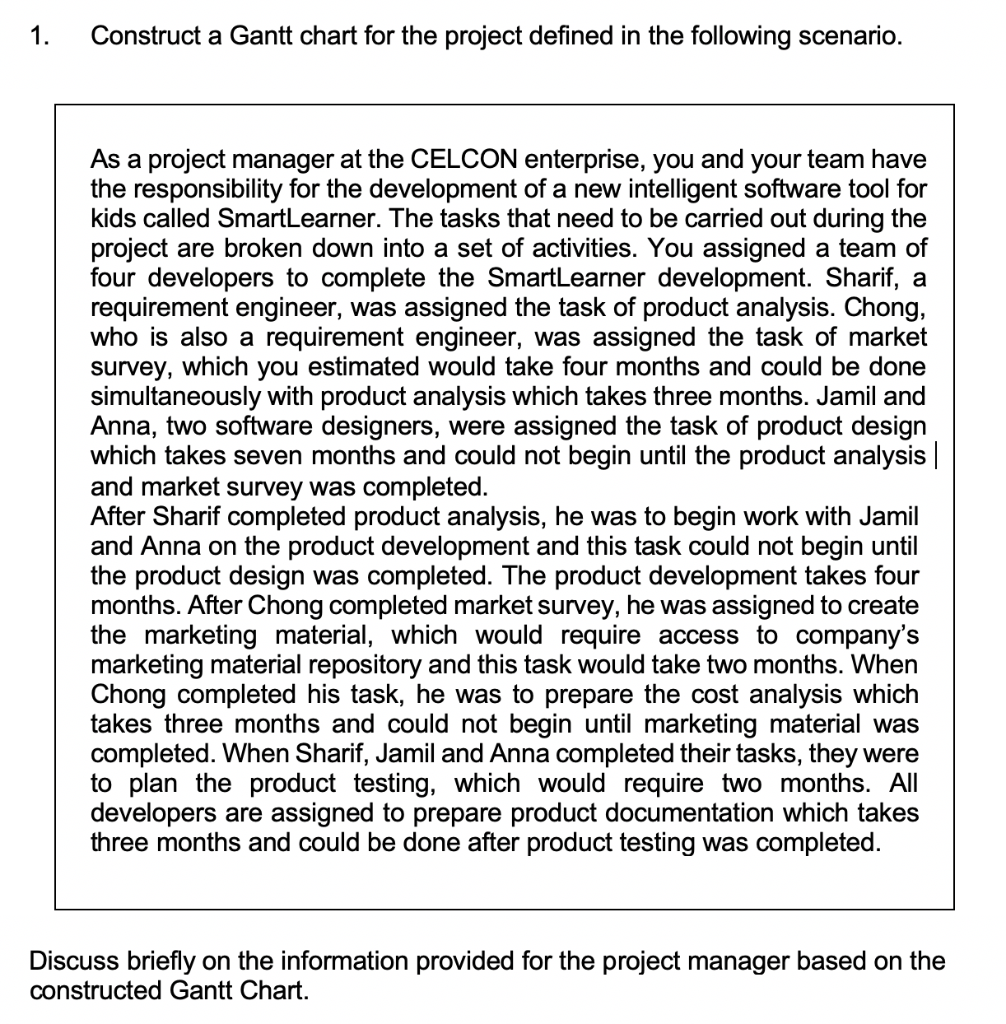 1. Construct a Gantt chart for the project defined in | Chegg.com