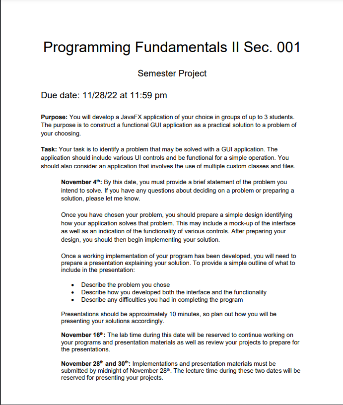 Solved Programming Fundamentals II Sec. 001 Semester Project | Chegg.com