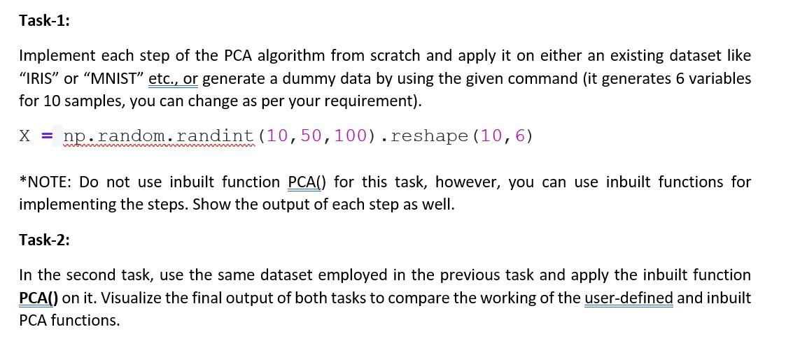 Task-1: Implement each step of the PCA algorithm from | Chegg.com