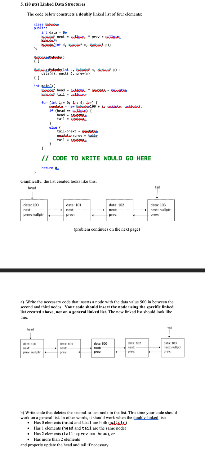 5. (20 pts) Linked Data Structures The code below | Chegg.com