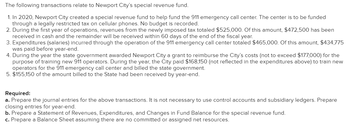 Solved The following transactions relate to Newport City's