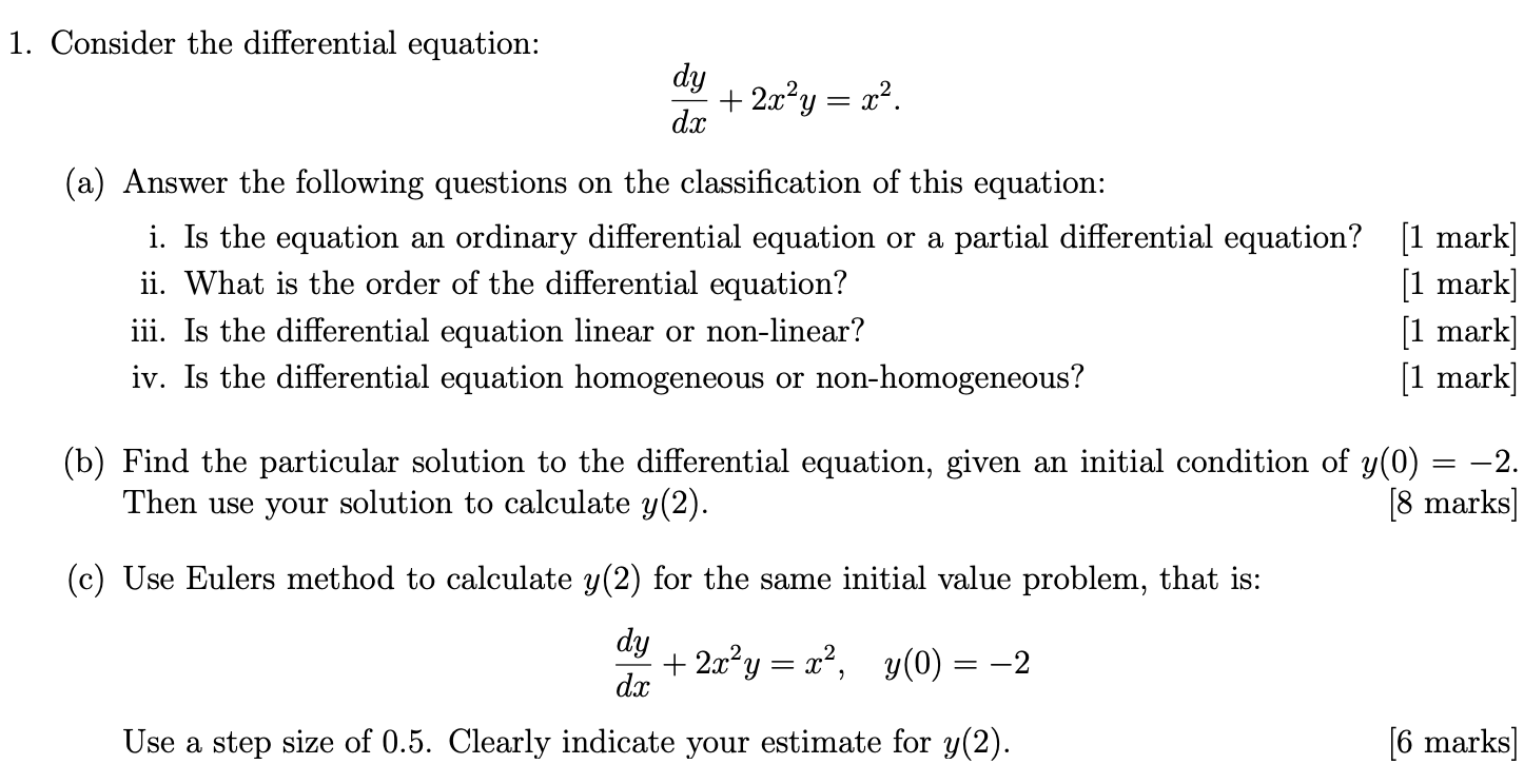 Solved 1. Consider the differential equation: dy dx + 2x²y = | Chegg.com