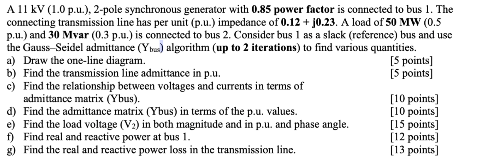 Solved A 11 kV (1.0 p.u.), 2-pole synchronous generator with | Chegg.com