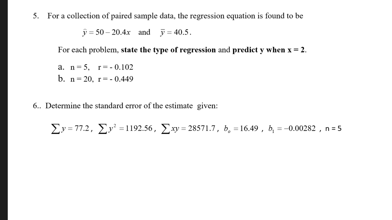 Solved 5 For A Collection Of Paired Sample Data The Reg Chegg Com