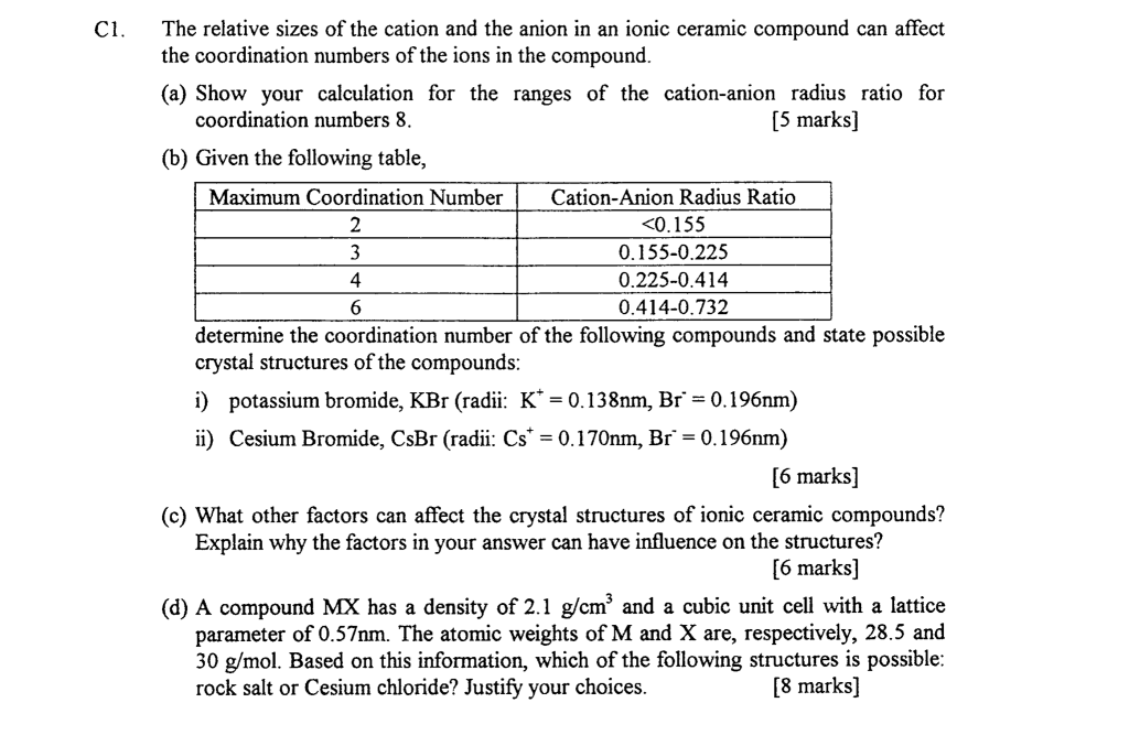 C1. The relative sizes of the cation and the anion in | Chegg.com