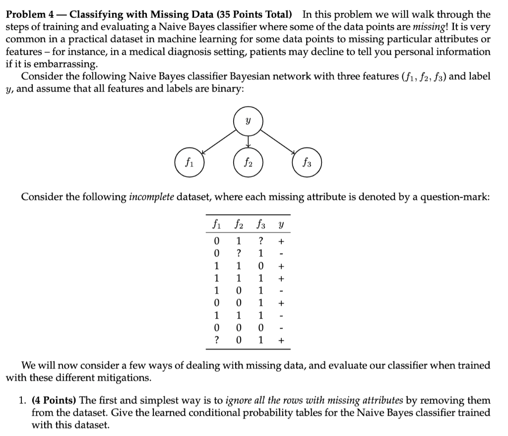 Solved Problem 4— Classifying with Missing Data (35 Points | Chegg.com