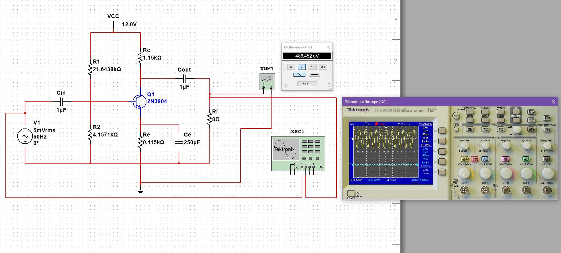 Solved VCC 12.0V MultimeterXMM1 Х RC 1.15kΩ 486.452 V R1