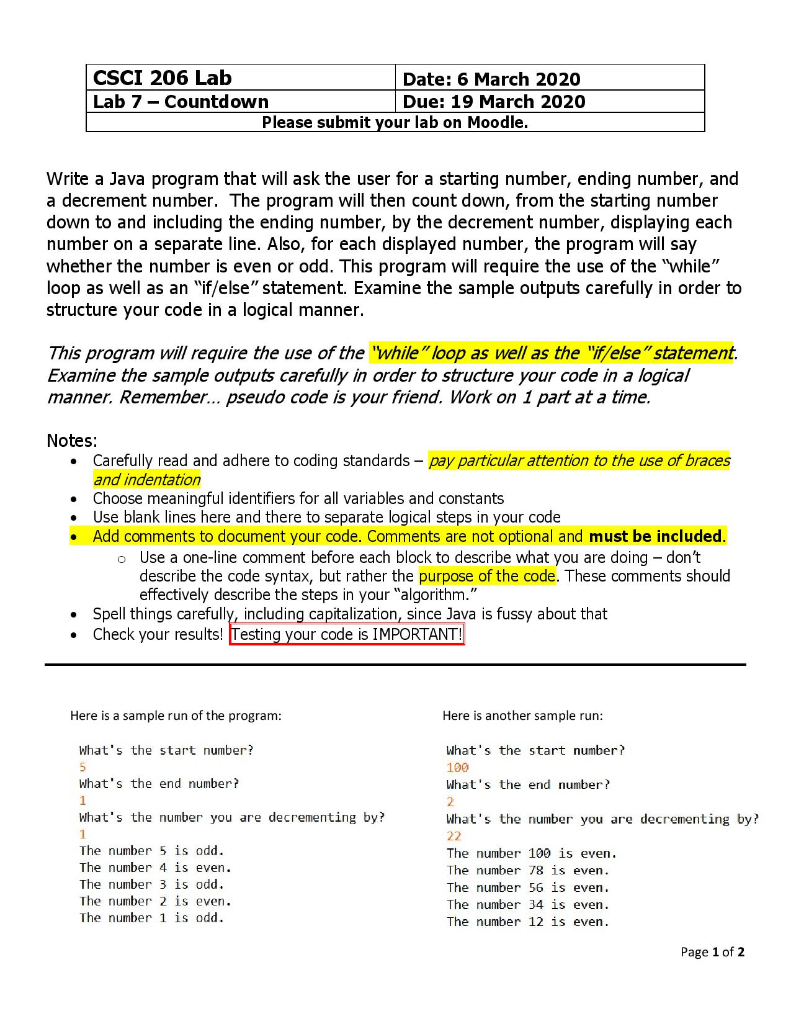 Solved CSCI 206 Lab Date: 6 March 2020 Lab 7 - Countdown | Chegg.com