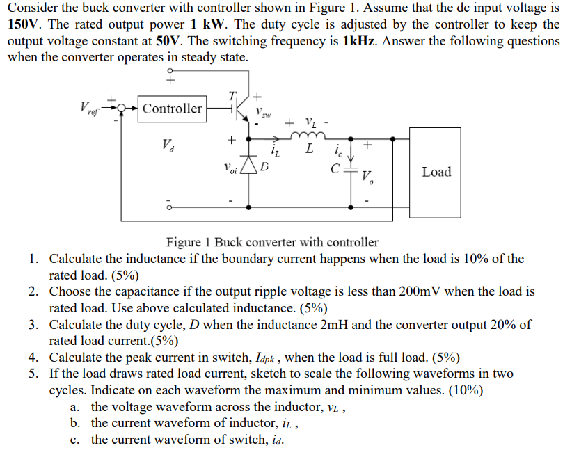 Consider the buck converter with controller shown in Figure 1. Assume that the de input voltage is
150V. The rated output pow