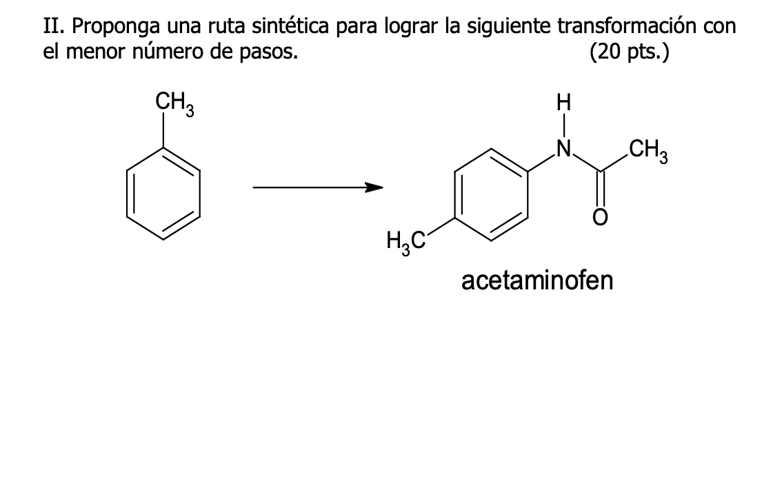 II. Proponga una ruta sintética para lograr la siguiente transformación con el menor número de pasos. (20 pts.) acetaminofen