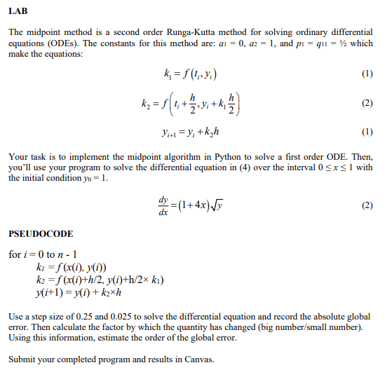 Solved The midpoint method is a second order Runga-Kutta | Chegg.com