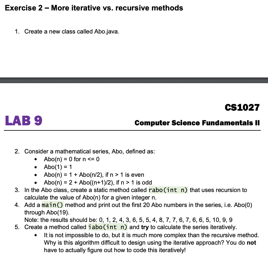 Solved Exercise 2 - More Iterative Vs. Recursive Methods 1. | Chegg.com