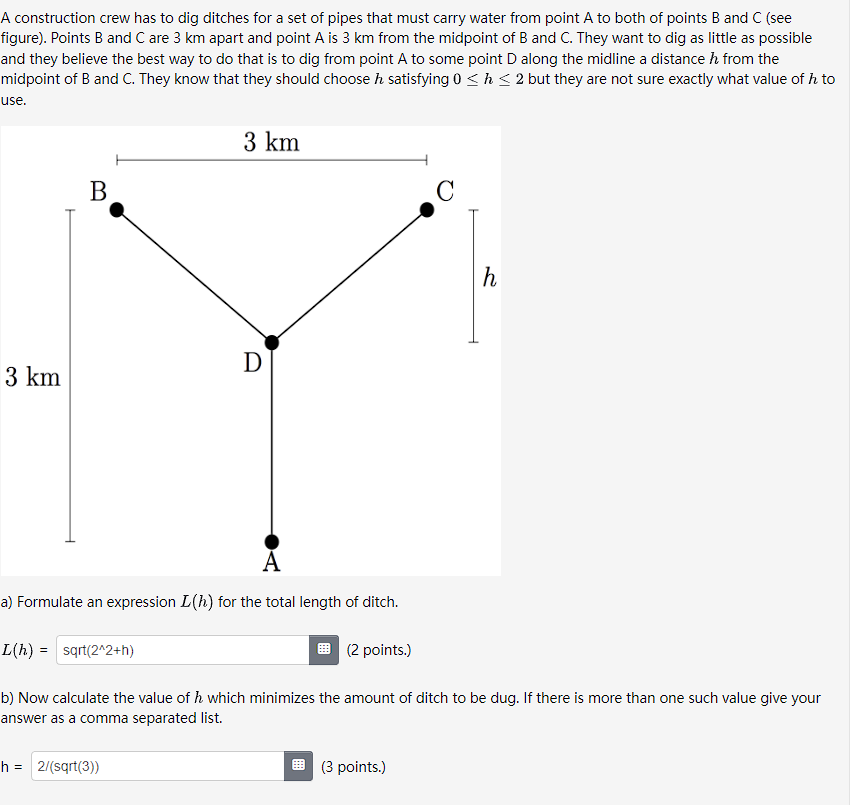 A construction crew has to dig ditches for a set of pipes that must carry water from point \( A \) to both of points \( B \) 