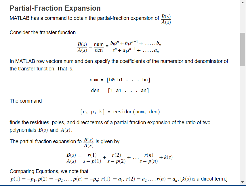 Solved PartialFraction Expansion B(s) MATLAB has a command