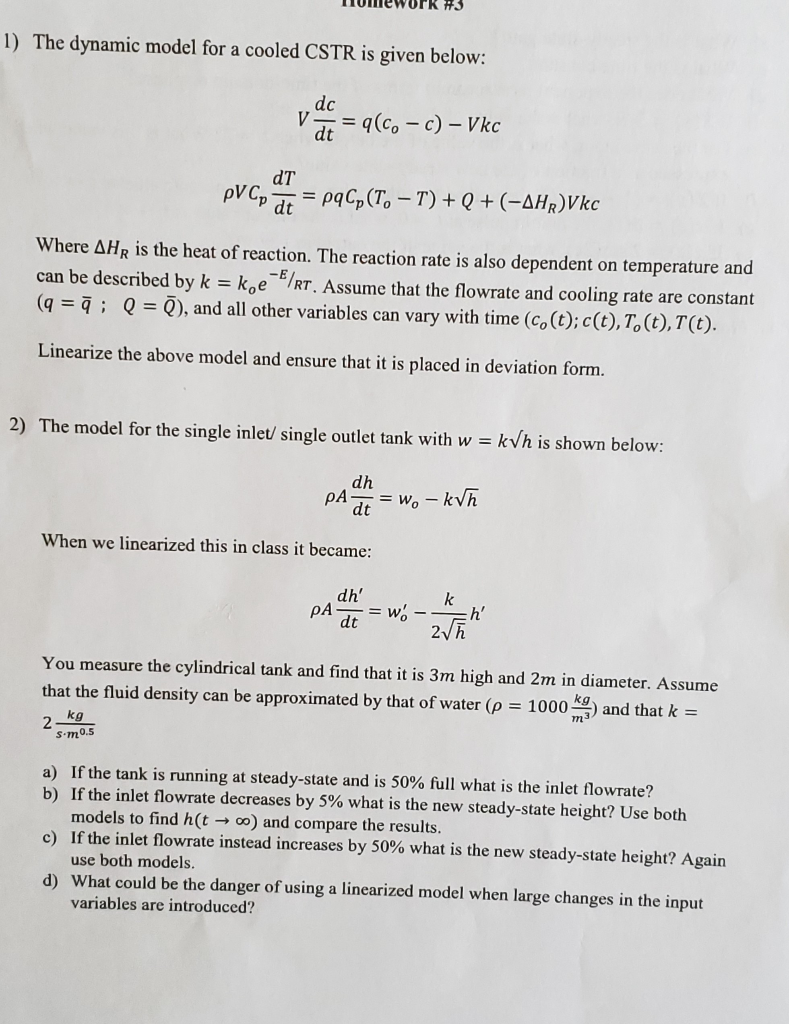 Solved MUNICWURK The dynamic model for a cooled CSTR is | Chegg.com