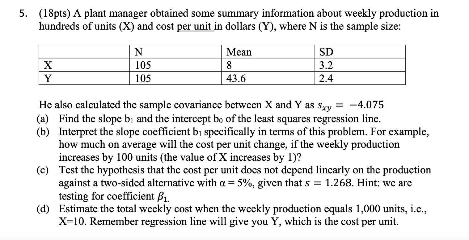 Solved 5. (18pts) A plant manager obtained some summary | Chegg.com