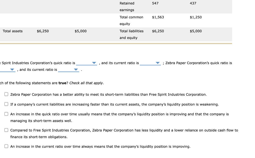 Spirit Industries Corporations quick ratio is \( \quad \), and its current ratio is \( \quad \) Zebra Paper Corporations qu