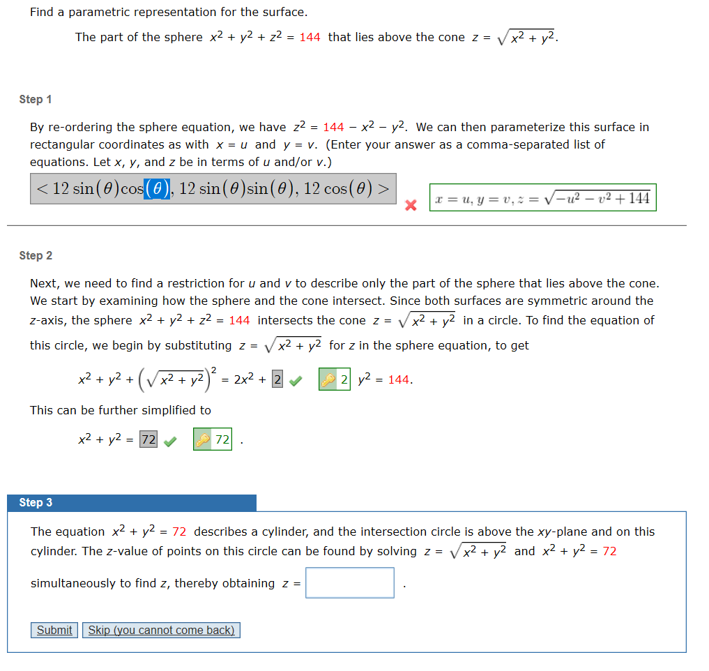 Solved Find A Parametric Representation For The Surface The Chegg Com