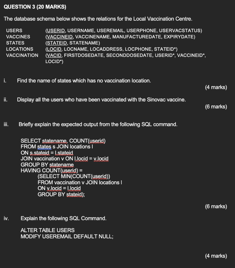 Solved QUESTION 3 (20 MARKS) The database schema below shows | Chegg.com