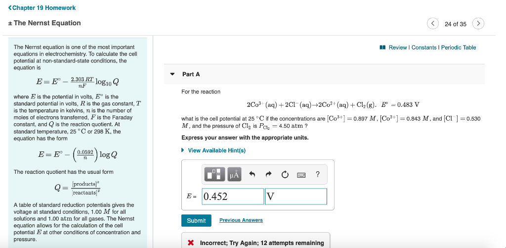 Solved Review Constants 1 Periodic Table The Nernst Equat Chegg Com