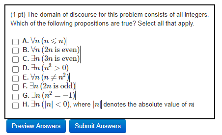 Solved (1 pt) The domain of discourse for this problem | Chegg.com