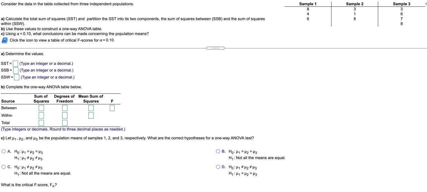 Solved Consider the data in the table collected from three | Chegg.com