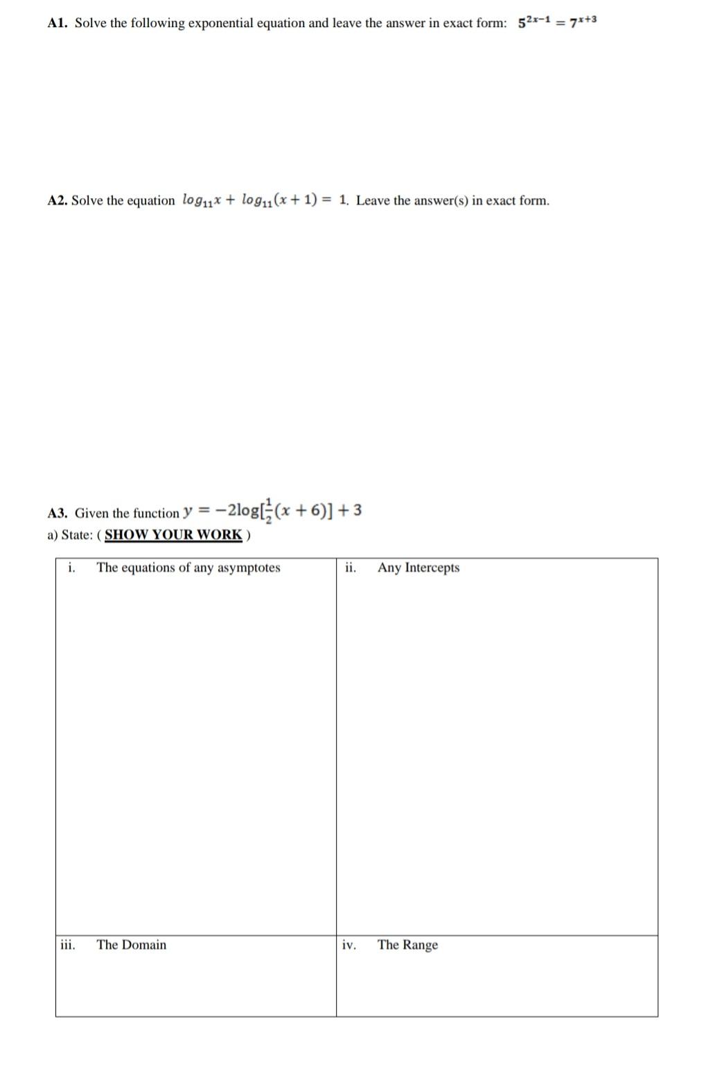 Solved A1 Solve The Following Exponential Equation And Chegg Com