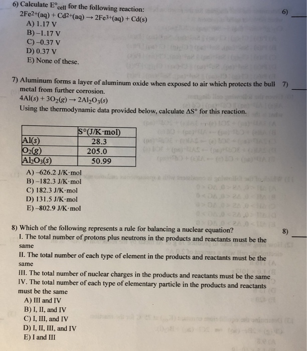 Solved 6) Calculate E cell for the following reaction