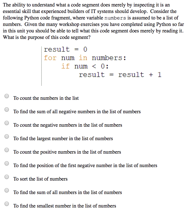 Solved The ability to understand what a code segment does | Chegg.com
