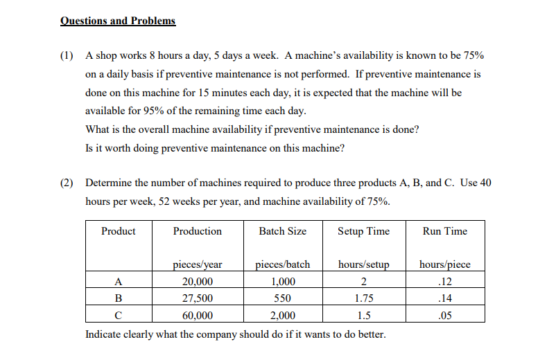 Machine Hours Questions Solved Questions and Problems (1) A shop works 8 hours a | Chegg.com