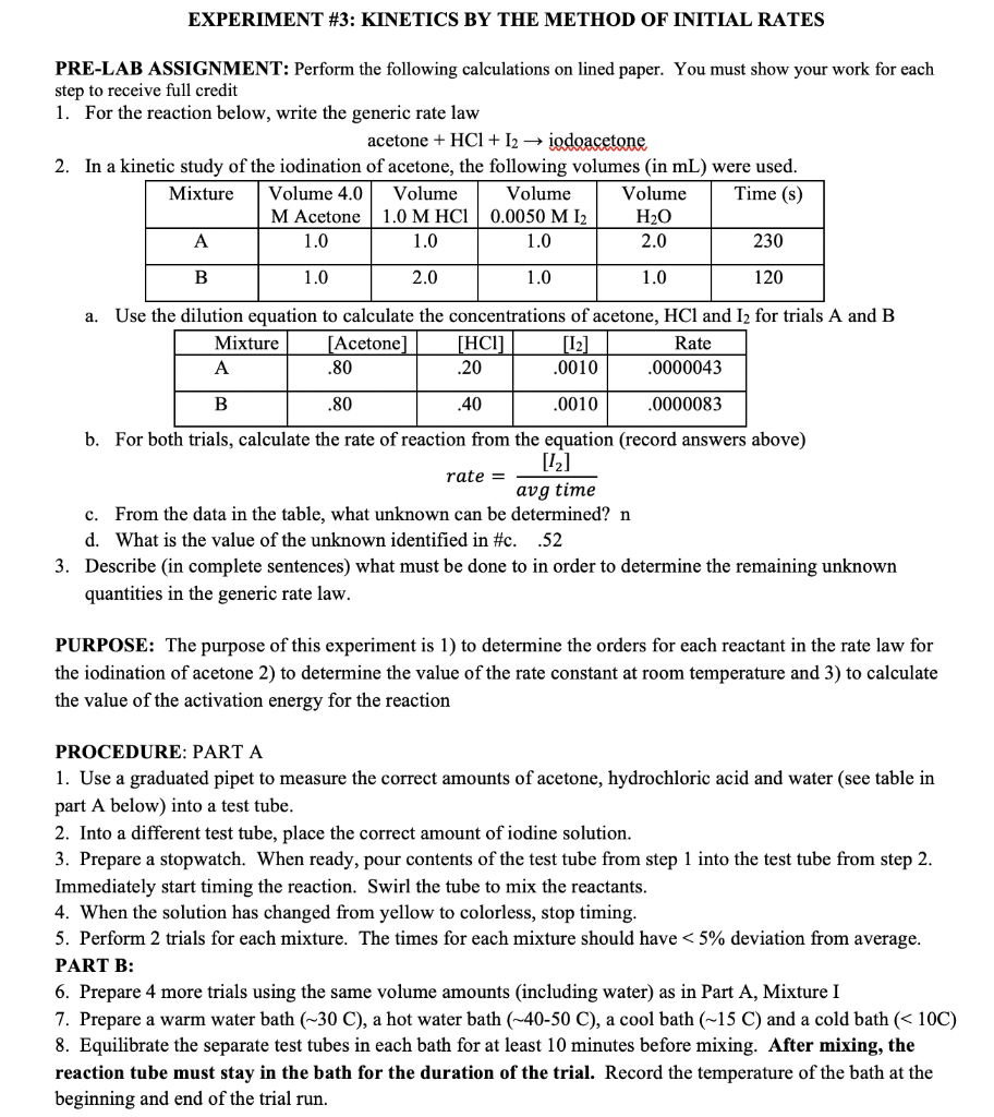 EXPERIMENT #3: KINETICS BY THE METHOD OF INITIAL | Chegg.com