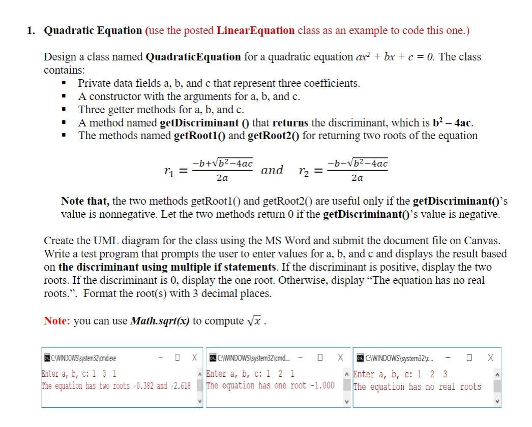 Solved 1. Quadratic Equation (use the posted LinearEquation | Chegg.com