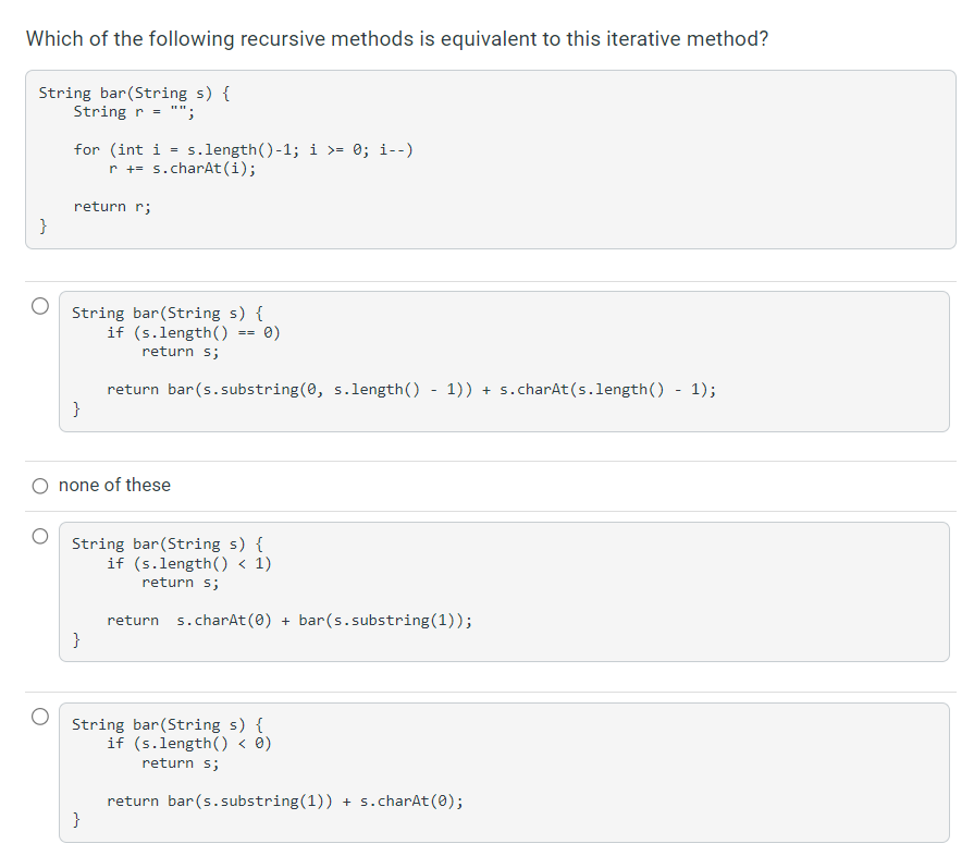 Solved Which of the following recursive methods is | Chegg.com