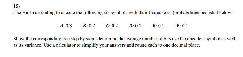 Solved 15) Use Huffman coding to encode the following six | Chegg.com