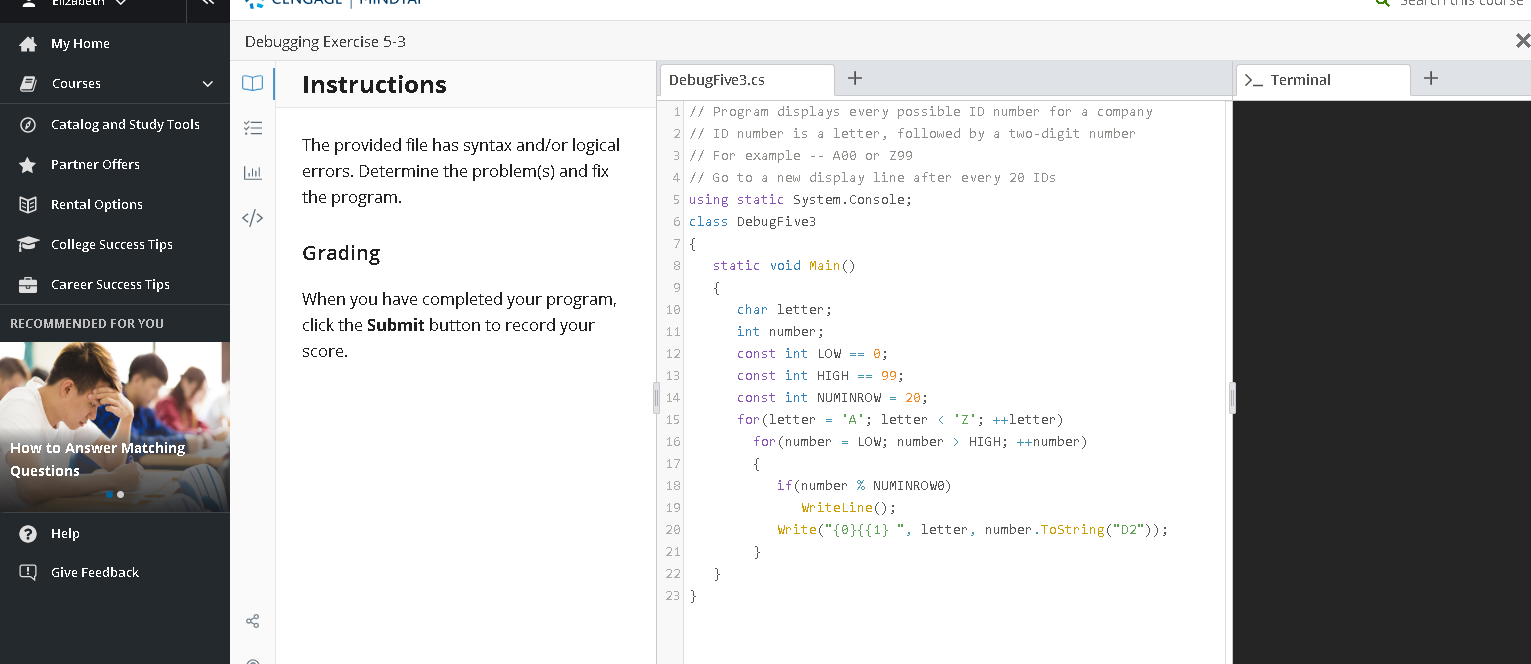 Solved My Home Debugging Exercise 5-3 X + Courses | Chegg.com