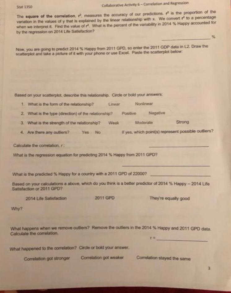 50 at 1350 Collaborative Actwity 6 - Correlation and | Chegg.com