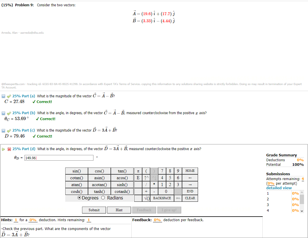 Solved (15\%) Problem 9: Consider the two vectors: | Chegg.com