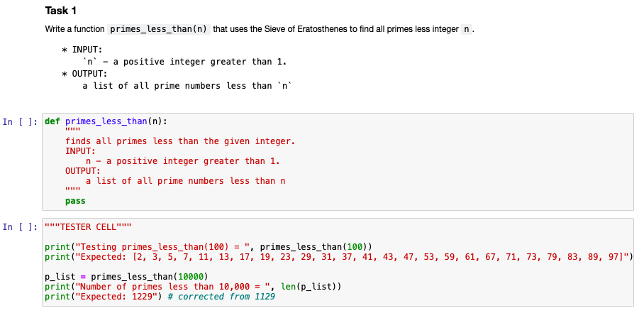 Solved Task 1 Write a function primes_less_than(n) that uses | Chegg.com