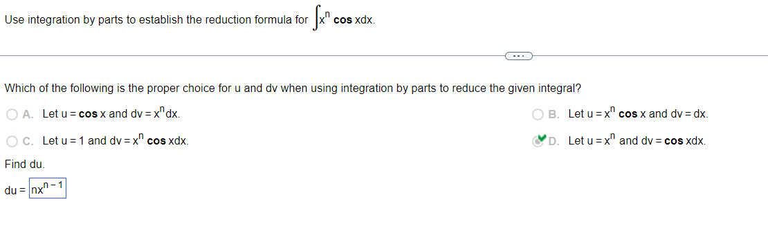 Solved answer for finding the du is wrong. | Chegg.com