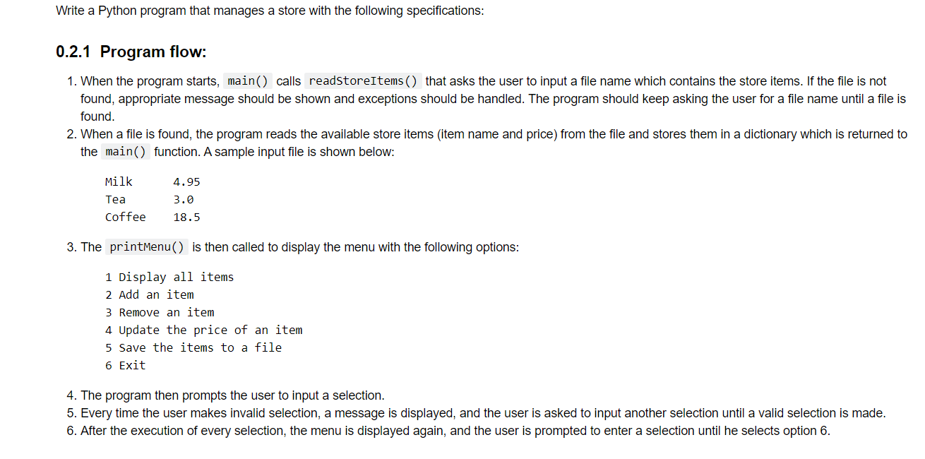 Solved Write a Python program that manages a store with the | Chegg.com