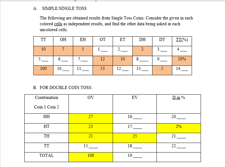 A. SIMPLE/SINGLE TOSS The following are obtained
